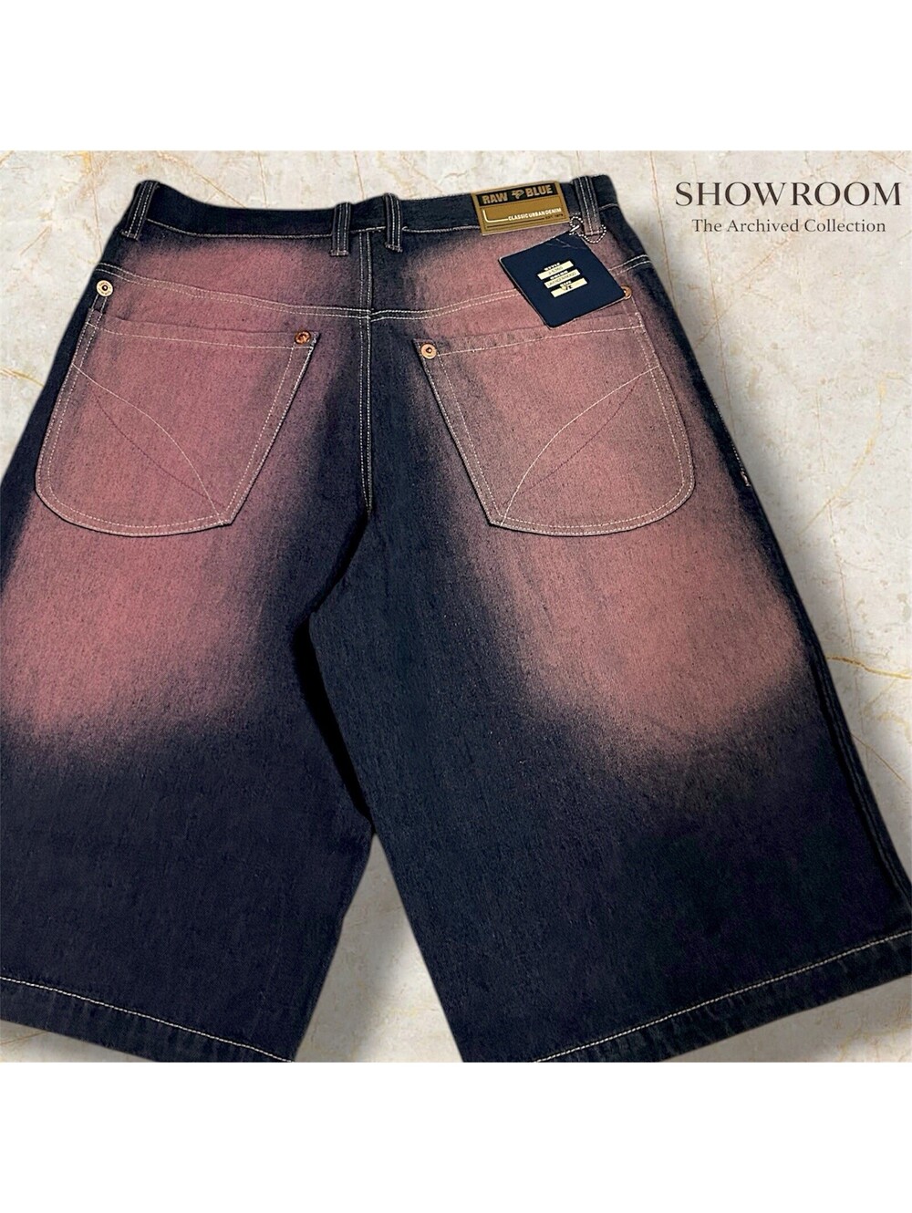 Raw Blue Denim Shorts Lavender Indigo Fade Y2K Baggy Size 38 VTG DS
